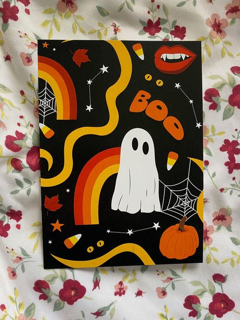 Halloween Print of a ghost saying Boo! It is 5x7 with a matte finish on cardstock. Halloween Art Inspo Easy, Halloween Cow Painting, Fall Halloween Canvas Painting, Preppy Halloween Painting, Pumpkin And Ghost Painting, Mushroom Ghost Painting, Cute Spooky Painting Ideas, October Painting Ideas Easy, Spooky Season Painting Ideas