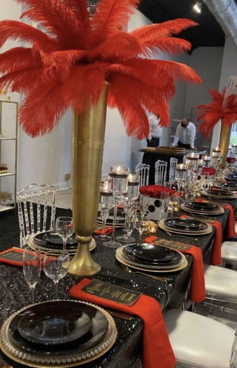 Red And Black Dinner Party Ideas, Elegant Red Black And Gold Party Decorations, Harlem Nights Theme Party For Men, Great Gatsby Casino Themed Party, Mens Dinner Party Decor, Black Red Gold Birthday Party Ideas, Red And Black Mens Birthday Party, Vegas Bday Party Ideas, Red And Black Elegant Party