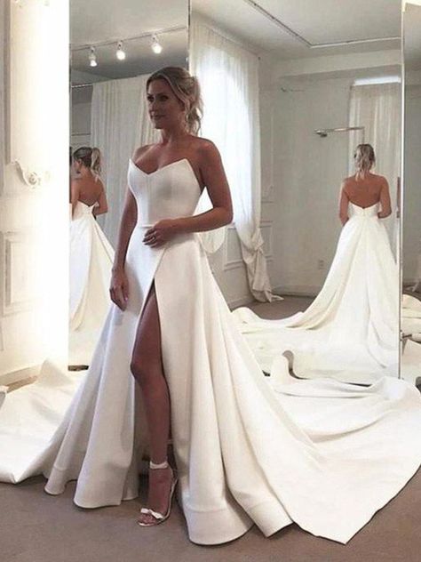 Wedding Dress Backs, Court Train Wedding Dress, Satin Bridal Gowns, White Bridal Dresses, Cheap Wedding Dresses Online, Most Beautiful Wedding Dresses, Wedding Dress Train, Wedding Dresses Satin, Wedding Dresses Strapless