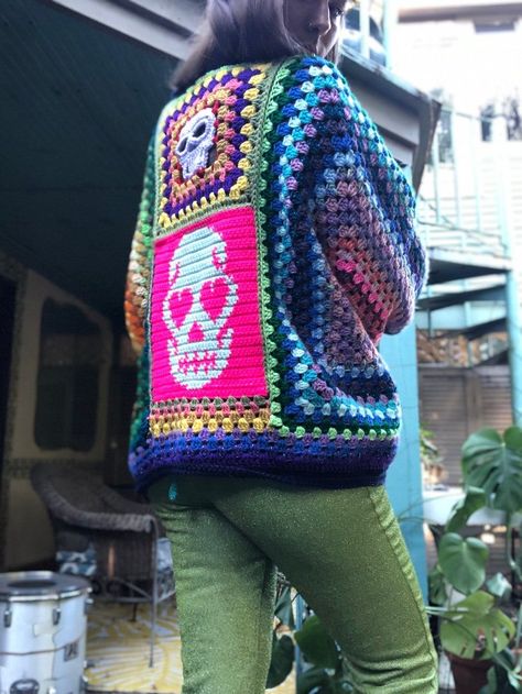 crochet pattern-Granny Square Bag-Granny Square Cardigan Crochet Eye Cardigan, Quirky Crochet Patterns, Funky Crochet Patterns Free, Crochet Art Ideas, Gothic Crochet Patterns, Tapestry Crochet Charts, Funky Crochet Patterns, Alternative Crochet, Punk Crochet