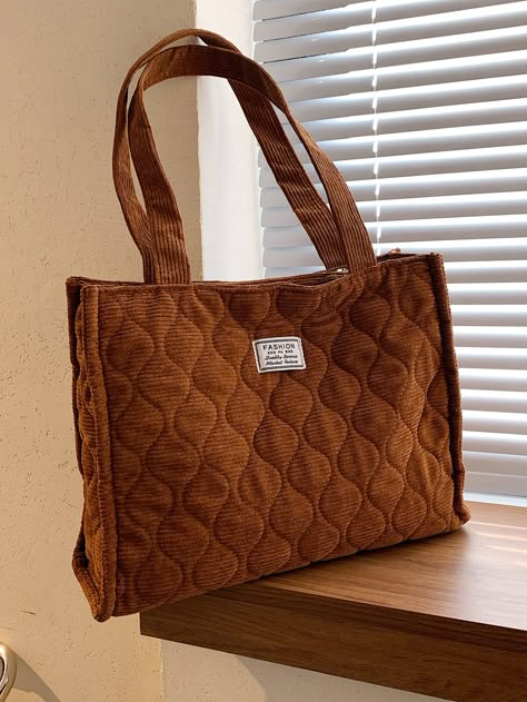 Brown Fashionable   Corduroy Plain Shoulder Tote Bag    Women Bags Corduroy Accessories, Corduroy Bag, Corduroy Tote Bag, Brown Tote Bag, Diy Bags Purses, Tote Bags Sewing, Brown Tote, Fancy Bags, Pretty Bags