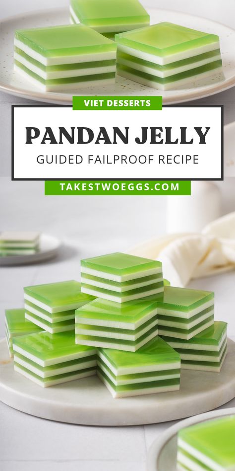 Vietnamese Coconut Jello, Pandan Jelly, Coconut Jello, Fruit Tea Recipes, Aesthetic Recipes, Agar Agar Jelly, Boba Tea Recipe, Gelatin Art, Pandan Leaves