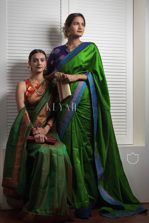 Green saree shades Keyah Sarees, Blouses Indian, Draped Sarees, Saree Inspiration, Marathi Saree, Phulkari Saree, Plain Sarees, Velvet Saree, Merry Christmas And Happy Holidays