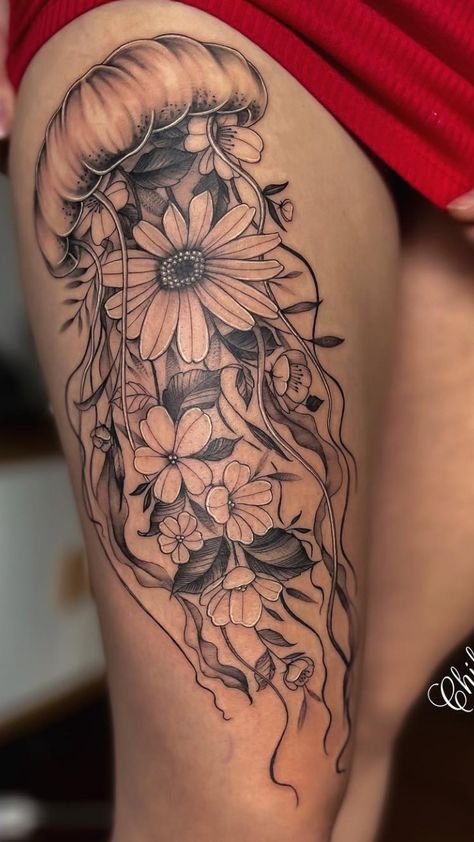 Hip And Thigh Tattoos, Animal Thigh Tattoo, Front Thigh Tattoos, Feminine Thigh Tattoos, Ocean Sleeve Tattoos, Thigh Piece Tattoos, Back Of Leg Tattoos, Cute Thigh Tattoos, Hip Thigh Tattoos