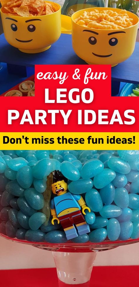 Lego party ideas Lego Movie 2 Birthday Party, Kids Lego Party Ideas, Lego Sleepover Party, Lego Birthday Theme Ideas, Lego Diy Birthday Ideas, Legoland Party Ideas, Lego Birthday Party Decorations Boys, Lego 9th Birthday Party, Lego Photo Booth Props Free Printable