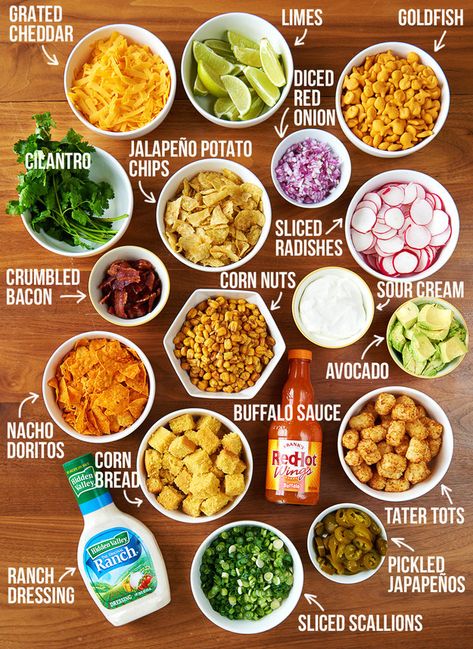 Set up your toppings bar! These are the toppings I like best, but you do you. | This Slow Cooker Chili Bar Will Make Your Super Bowl And Your Life Super Bowl Chili Bar, Chili Bar Party Winter, Nacho Bar Sides, Chili Ideas Parties, Ultimate Taco Bar, Chili Station Party, Soup And Chili Bar, Chili Night Ideas, Chili Bar Set Up Party Ideas