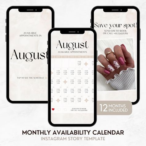 Instagram Story Calendar, Availability Calendar Instagram Template, Nail Tech Calendar, Lash Appointment Schedule, Instagram Availability Instagram Story Calendar, Lash Appointment, Appointment Calendar, Lash Tech, Beige Marble, For Lash, Story Instagram, Calendar Template, Esthetician