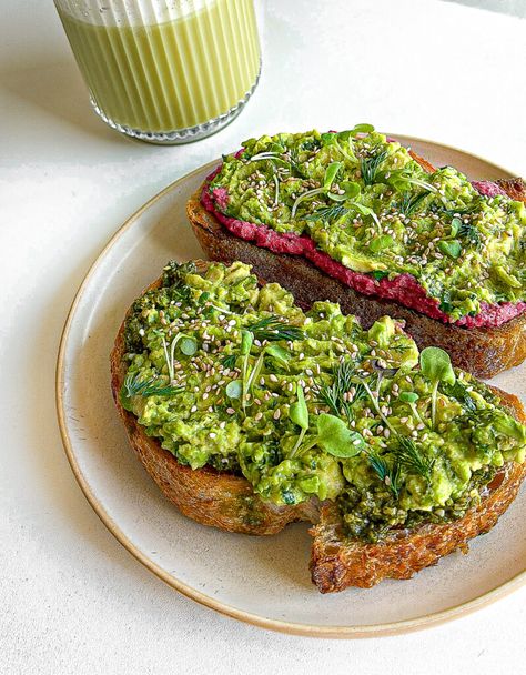 Avocado Toast Two Ways - homemade pesto & beet hummus - Easton Gilowski Toast Aesthetic, Hummus Toast, Hummus Avocado, Beetroot Hummus, Thai Peanut Sauce, Salad Rolls, Healthy Chocolate Chip Cookies, Beet Hummus, Healthy Chocolate Chip