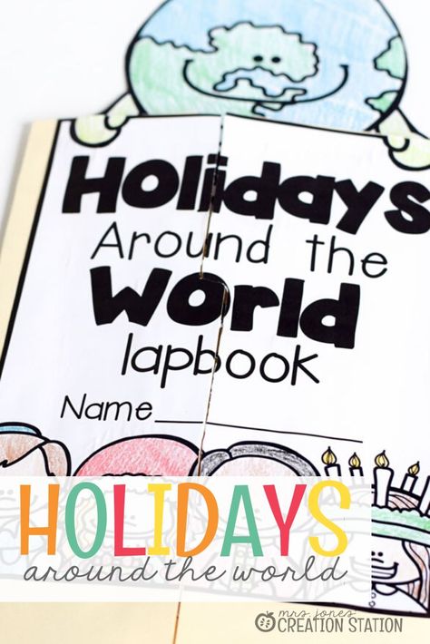 This holidays around the world lapbook is a great way to teach kids about holidays in different places. There are six different holidays included in this lapbook. This lapbook pairs perfectly with a holidays around the world unit. Once they complete the lapbook, there is a place for them on the back to describe what their family Christmas is like. Grab this wonderful holidays around the world lapbook today. #holiday #Christmas #kids #teaching #learning Christmas Units, Mrs Jones, Teaching Holidays, Celebration Around The World, Creation Station, December Holidays, Holidays Around The World, Christmas School, Teaching Children