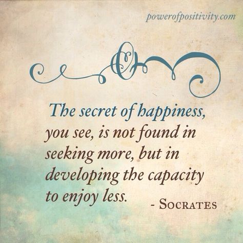 Greek Philosophy: "The secret of happiness, you see, is not found in seeking more, but in developing the capacity to enjoy less" -Socrates Socrates Quotes, Life Quotes Love, Socrates, Philosophy Quotes, Quotable Quotes, Famous Quotes, Daily Quotes, Beautiful Quotes, Great Quotes