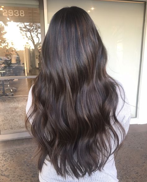 Loose Curls Dark Hair, Dark Brown Dyed Hair Ideas, Dark Hair With Medium Highlights, Glazed Donut Brunette Hair, Medium Brown Hair With Lowlights Dark, Lowlights For Asian Hair, Baby Lights In Dark Brown Hair, Highlights For Dark Brown Hair Asian, Hair Inspo For Dark Hair