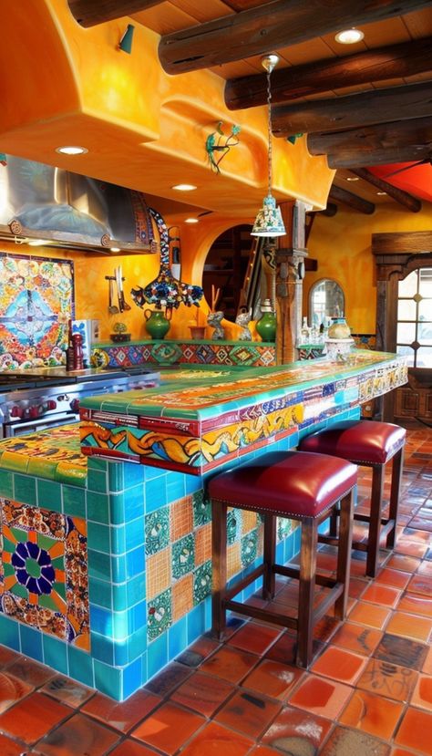 Top 20+Mexican Kitchen Decor Ideas for 2024 | Vibrant Style for Your Kitchen - Page 2 of 2 - The Plumed Nest Outdoor Mexican Kitchen, Mexican Decor Kitchen, Mexican Kitchen Decor Ideas, Mexican Hacienda Kitchen, Mexican Kitchen Ideas, Mexican Kitchen Design, Mexican Tile Kitchen, Hacienda Style Kitchen, Mexican Style Kitchens