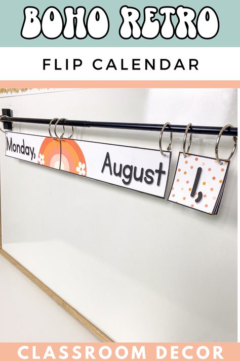 Add a unique touch to your classroom with our Boho Retro Classroom Décor Flip Calendar. It's not just a calendar, it's a statement of your creativity. It’s a blend of old-world charm and modern flair that will inspire learning and keep everyone on time. Perfect as a centerpiece or wall decoration, this vintage-style flip calendar is an essential element for any classroom. Get yours today – because every teacher needs a little boho-chic in their space! Whiteboard Flip Calendar, Classroom Date Display Flip, Flip Calendar Classroom Curtain Rod, Boho Retro Classroom, Flip Calendar Classroom, Daisy Classroom, Classroom Curtains, Hallway Bulletin Boards, Easter Bulletin Boards