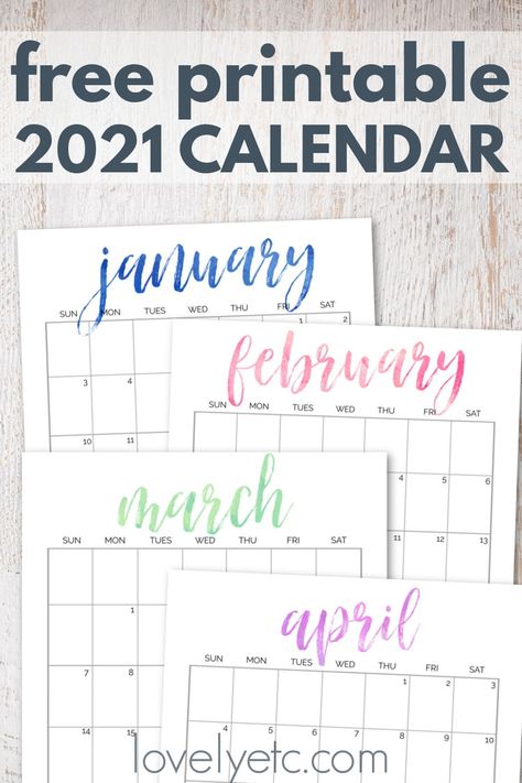 Simple, pretty free printable 2021 calendar. This printable calendar is vertical format with weeks starting on Sunday. All dates are numbered for 2021. The clean, simple design and colorful script month names make this calendar equal parts form and function. Download and print your free calendar today. Free Printable Calender, Calender Printables, Diy Planners, January Calendar, Today Calendar, Printable Calendars, Free Printable Wall Art, Online Calendar, Free Calendar