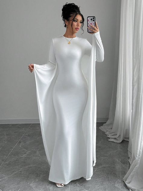 Elegant Ladies Solid Color Batwing Sleeve Long Dress White Casual  Long Sleeve Knitted Fabric Plain Bodycon Medium Stretch  Women Clothing, size features are:Bust: ,Length: ,Sleeve Length: Formal Dresses Long Modest, Modest White Dress, Outfits Blanco, Classy White Dress, Confirmation Dresses, Sleeve Long Dress, Prom Inspo, Batwing Dress, White Long Sleeve Dress