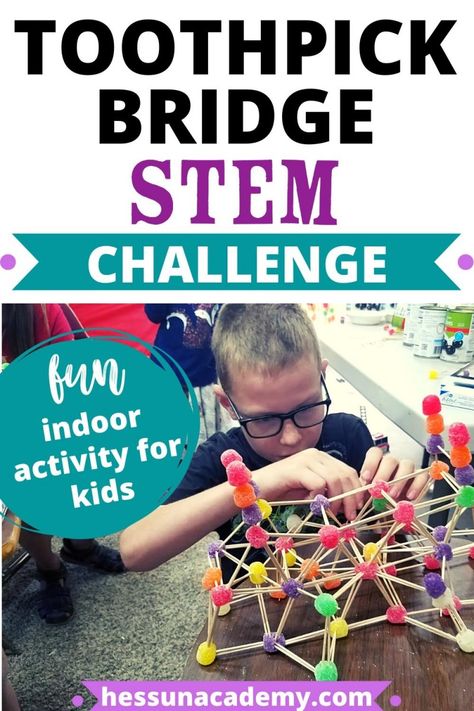 Whether you're looking for an engaging STEM challenge idea or for a fun indoor activity for kids, these toothpick bridges make a great STEM activity for older kids and younger kids alike!  Even middle school and high school students can enjoy this toothpick bridge STEM challenge. Toothpick Bridge Project, Toothpick Bridge, Bridge Stem Challenge, Stem Challenges For Kids, Simple Stem Activities, Challenges For Kids, Fun Stem Activities, Stem Ideas, Stem Programs