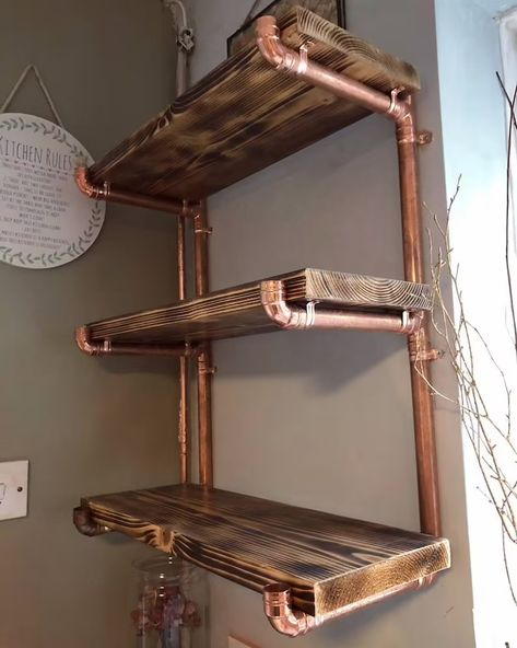 Copper Pipe Art, Pipe Furniture Diy, Copper Pipe Shelves, Copper Shelf, Diy Pipe Shelves, Copper Furniture, Camera Lamp, Diy Copper, Pipe Shelf