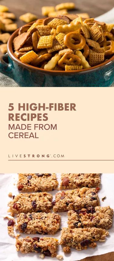 5 Cereal Snacks and Breakfast Recipes High in Fiber | Livestrong.com High Fibre Desserts, Banana Cereal, Homemade Chex Mix, High Fiber Cereal, High Fiber Snacks, Fiber Snacks, High Fiber Breakfast, Breakfast Smoothie Bowl, Trail Mix Recipes