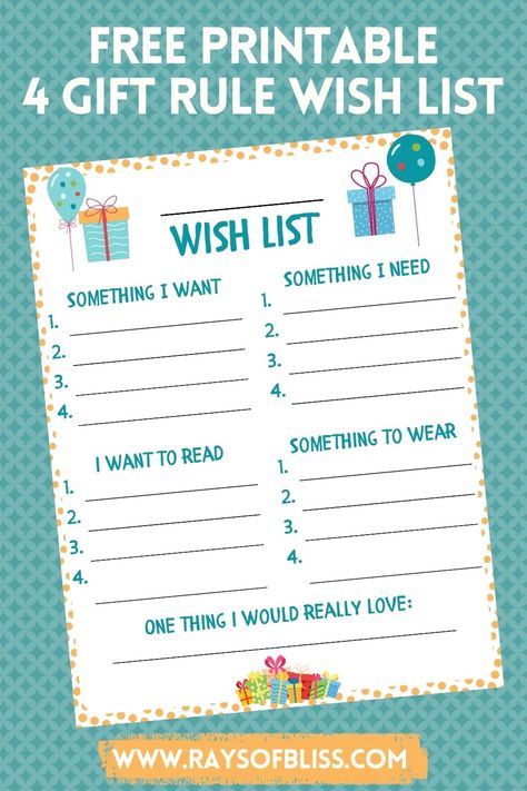 Wish List Free Printable ~ 4 Gift Rule - Rays of Bliss Want Need Wear Read Printable, 4 Gift Rule, Something To Read, Wish List, Gift Giving, The 4, Free Printable, Free Printables, Birthday Parties