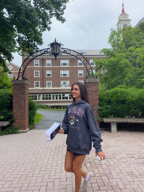 Fall fashion University college Harvard outfit grey sweater back to school aesthetic fresh cool minimalist study Harvard Sweater Outfit, Harvard Aesthetic Outfit, Harvard Outfit, College Harvard, Harvard University Campus, Harvard Sweater, Fashion University, College Lifestyle, Outfit Grey