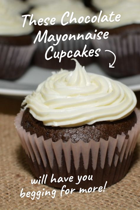 There’s nothing better than the combo of chocolate cupcakes and white buttercream frosting. These Chocolate Mayonnaise Cupcakes recreate that classic flavor combination with a time-tested recipe from my Grandma! Chocolate Mayonnaise Cupcakes, Copycat Cupcake Recipes, Buttermilk Cupcake Recipes, Super Moist Cupcakes, Mayonnaise Cupcakes, Chocolate Mayonnaise Cake Recipe, Mayo Cupcakes, Mayonnaise Cake Recipe, Super Moist Chocolate Cupcakes