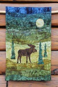 Sale at On the Trail Creations! Aug 2017 Moose Quilt, Wildlife Quilts, Landscape Art Quilts, Appliqué Quilts, Landscape Quilt, Hanging Quilts, Fiber Art Quilts, Fabric Postcards, Landscape Quilts