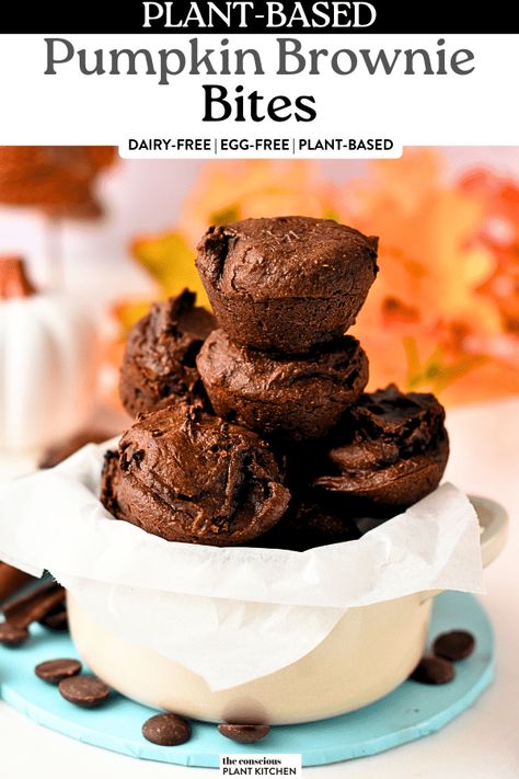 Pumpkin Brownie Bites Pumpkin Recipes For Toddlers, Pumpkin Desserts Healthy, Low Calorie Thanksgiving Desserts, Healthy Brownie Bites, Small Sweet Treats, Pumpkin Snacks, Allergy Free Baking, Pumpkin Bites, Conscious Plant Kitchen