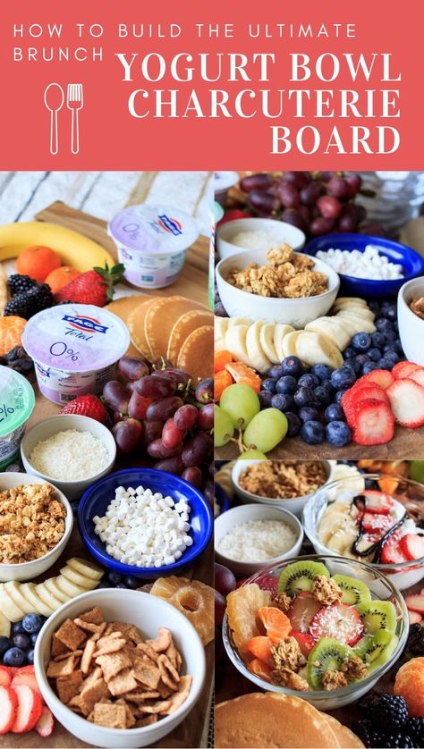 Yogurt Charcuterie Board Ideas, Fruit And Yogurt Charcuterie Board, Yogurt Parfait Charcuterie Board, Yogurt Charcuterie Board, Charcuterie Board Gift Basket Ideas, Yogurt Bowl Ideas, Ultimate Charcuterie Board, Brunch Platter, Greek Snacks