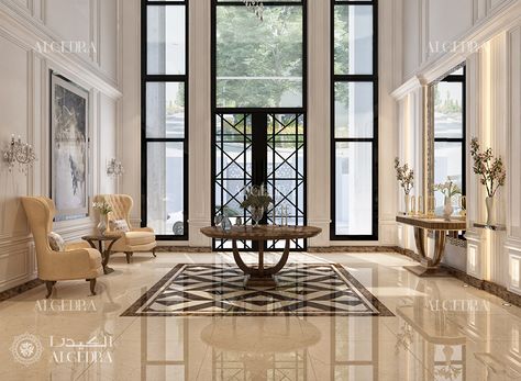 Lobby Interior Design Entrance, House Lobby Interior Design, Villa Entrance Interior Design, Villa Entrance Interior, House Hall Design, Foyer Design Ideas, Foyer Wall Decor, Villa Entrance, Luxury Houses Entrance