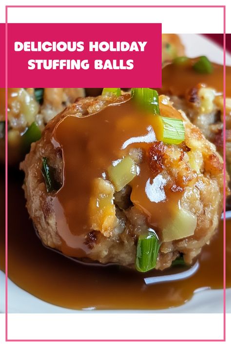 Add something extra special to your holiday dinner with these savory stuffing balls! Perfectly cooked, these flavorful bites mix your favorite herbs, spices, and breadcrumbs for a delightful side dish that's bound to impress your family and friends. They're super versatile—great for Thanksgiving or Christmas and could easily take center stage next to any roasted turkey or glazed ham. Dive into the rich flavors of these homemade stuffing balls and make holiday meals unforgettable. Give them a try and experience the festive magic! Stuffing For Thanksgiving Dinner, Turkey Stuffing Balls With Cranberries, Savory Stuffing Recipes For Thanksgiving, Best Stuffing Balls, Savory Stuffing Balls, Thanksgiving Waffle Stuffing, Grandmas Stuffing Balls, Stuffing For Turkey Recipe, Stuffing Bites Thanksgiving