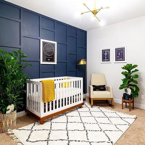 Dark, moody nursery walls are calling our name!  Design: @culoramegreen Navy Blue Nursery, Nursery Accents, Navy Nursery, Nursery Accent Wall, Blue Accent Walls, Nursery Trends, Nursery Room Design, Baby Boy Room Nursery, Blue Nursery