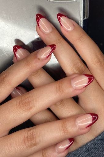 Almond Nails With Red French Tip, Deep Red Nails, Nude Nail Designs, Nagel Tips, Smink Inspiration, School Nails, Makijaż Smokey Eye, Red Nail, White Nail