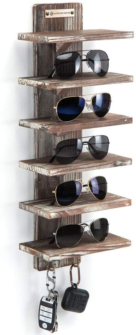 Sunglasses Display Diy, Diy Sunglasses Holder, Diy Sunglasses, Key And Letter Holder, Wood Jewelry Display, Glasses Storage, Sunglasses Organizer, Rustic Wood Wall, Sunglasses Display