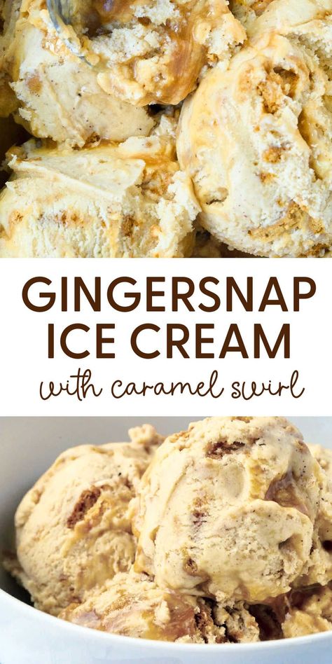 This delicious ice cream will remind you of fall and winter. Swirls of caramel and bits of gingersnap cookies make it irresistible. Worth the wait. Ice Cream With Alcohol Recipes, Christmas Ice Cream, Ice Cream Recipes Machine, Gingersnap Cookies, Scream 4, Delicious Ice Cream, Ice Cream Maker Recipes, Homemade Ice Cream Recipes, Ginger Snap Cookies