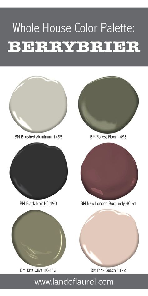 Whole House Color Palette: Berrybrier – Land of Laurel Black Home Color Palette, Home Color Schemes With Black, Green Whole House Color Scheme, Moody House Color Palette, Detention Room, Color Scheme With Black, Victorian Homestead, Whole House Color Palette, Chic Color Palette