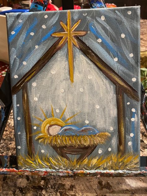 Christmas Inspired Paintings, Painted Manger Scene, Christian Christmas Paintings On Canvas, Nativity Scene Painting Simple, Easy Manger Scene Painting, Christmas Diy Canvas Painting, Diy Nativity Painting On Canvas, Christian Paint Night Ideas, Nativity Art Projects