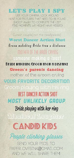 SO doing this for our wedding! Reception Games, Disposable Cameras, Foto Tips, Wedding Games, I Spy, Here Comes The Bride, Scavenger Hunt, Fun Wedding, Wedding Bells