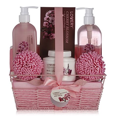 Home Spa Gift Basket  Cherry Blossom Scent  Luxurious 8 Piece Bath  Body Set For Women  Men Contains Shower Gel Bubble Bath Body Lotion Bath Salt 2 Bath Poufs Loofah Back Scrubber and Basket -- See this great product-affiliate link. #ChristmasGiftsForMen Spa Basket, Cherry Blossom Scent, Pink Basket, Spa Gift Basket, Bath Gift Set, Bath Gift, Bath Set, Spa Gifts Set, Spa Gift