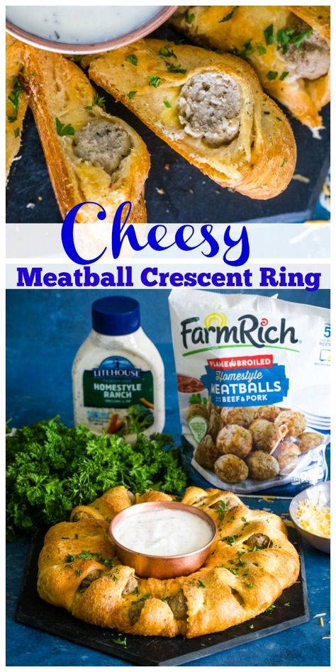 This delicious Cheesy  Meatball Crescent Ring is a great appetizer or after school snack. It  only takes 5 ingredients and little effort to toss it together. Savory meatballs and soft crescent rolls come together to make one unforgettable recipe. #appetizer #snack #meatballs #farmrichpartner #litehousefoods #ad | See this and other  delicious recipes at TheSeasideBaker.com Best Appetizers Ever, Savory Meatballs, Cheesy Meatballs, Pillsbury Recipes, Crescent Ring, Christmas Recipes Appetizers, After School Snack, Appetizers Easy Finger Food, School Snack