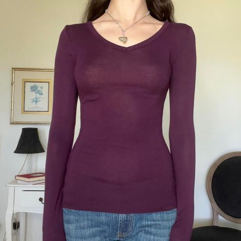 Purple Longsleeves Outfit, Outfit With Purple Shirt, Purple Y2k Shirt, Purple Top Outfit Ideas, Plum Purple Outfit, Violet Top Outfit, Purple Top Outfit Aesthetic, Dark Purple Outfit Ideas, Plum Clothes