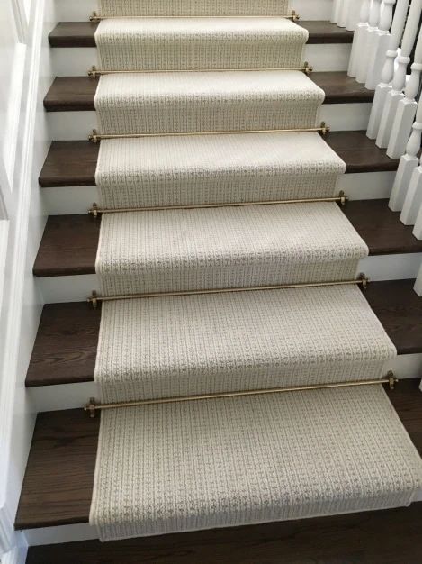 12 Stair Runner Ideas That Add Personality and Function! Stair Runner Brass Rods, Brass Stair Rods Carpet Runner, Carpet Runner On Stairs Brass Rods, Stair Runner With Brass Rods, Staircase Runner With Rods, Stair Runner With Rods, Stair Runner Rods, White Banister, Wool Stair Runner