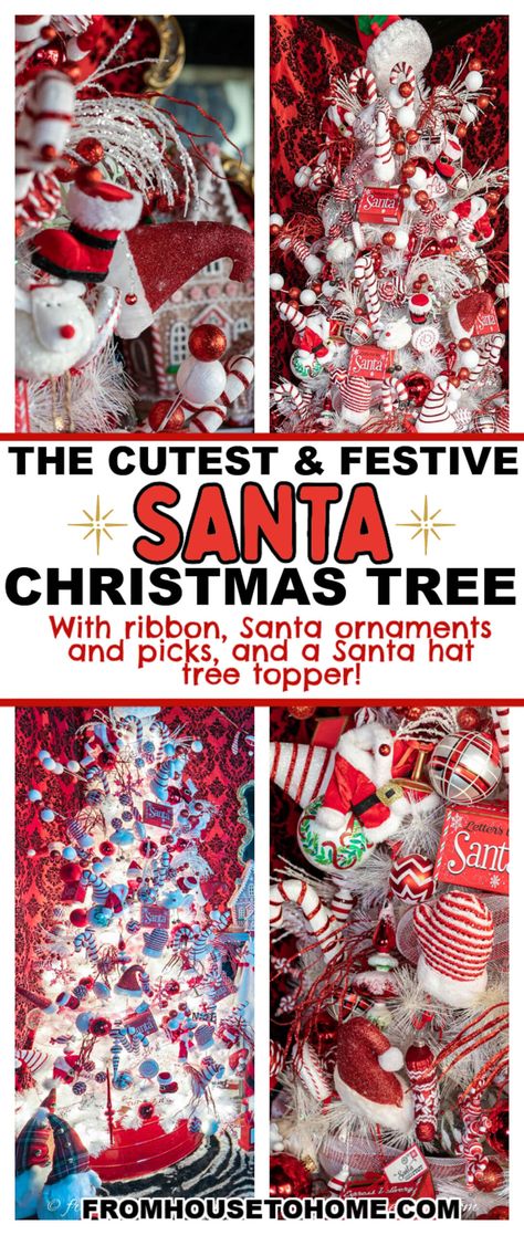 The festive and adorable holiday centerpiece: a Santa Christmas tree! Santa Claus Themed Christmas Trees, Santa Tree Topper Ideas, Santa Themed Tree, Santa Claus Tree Theme, Christmas Tree Santa Theme, Santa Christmas Tree Theme, Santa Tree Ideas, Santa Themed Christmas Tree, Santa Hat Tree Topper