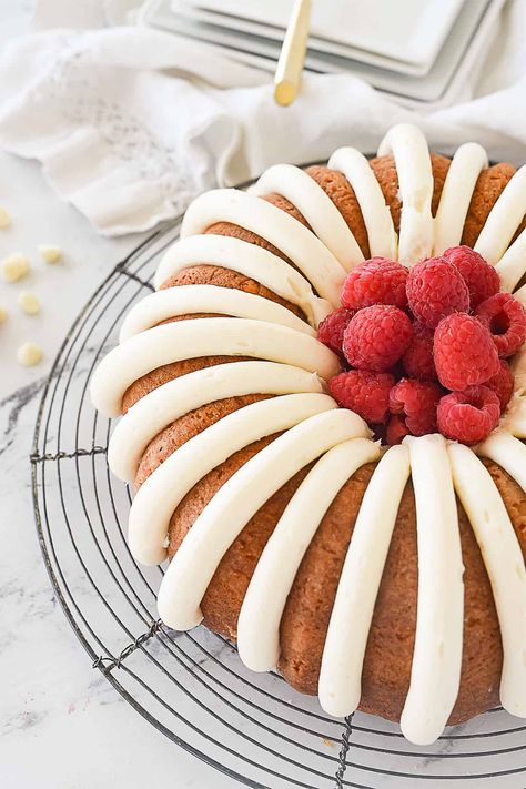 Nothing Bundt Cake Recipe, White Chocolate Raspberry Bundt Cake, Chocolate Raspberry Bundt Cake, Raspberry Bundt Cake, Bunt Cake Recipe, White Chocolate Raspberry Cake, Mini Bundt Cakes Recipes, Raspberry Pie Filling, Bundt Recipes