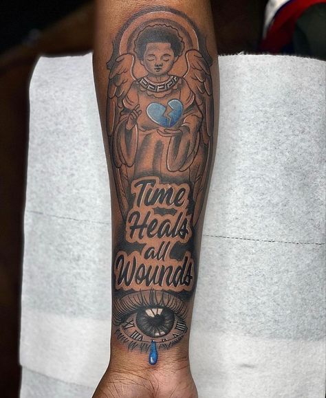 Half Sleeve Tattoos For Lost Loved Ones, Boondocks Forearm Tattoo, Men Tattoo Ideas Sketch, Long Live Forearm Tattoo, Chosen 1 Tattoo Men Forearm, Full Half Sleeve Tattoos Forearm, Blue Tattoo For Men, Family Tattoo Ideas Men, Midas Touch Tattoo