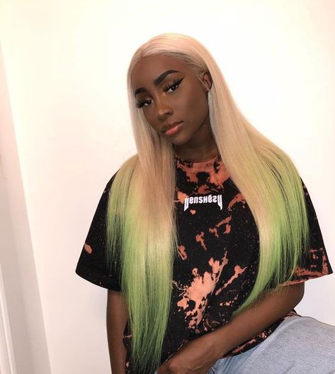 Long Sleek Silky Straight blonde and green hair color #vshowhair #blonde #green #humanhair #virginhair #haircare #haircolor #hairidea #blackgirlmagic #blackwomen #beauty #beautytips Blonde And Green Hair, Hair Colour Styles, Blonde Hair Colour, Green Hair Color, Colored Hair Tips, House London, Hair Laid, Black Wig, Hair Crush