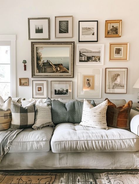 Wall Colages Living Room, Art Behind Couch Ideas, Picture Wall Over Couch, 2 Sofas Facing Each Other, Vaulted Ceiling Living Room Wall Decor, Wall Behind The Couch, Bare Wall Ideas, Behind Couch Wall Decor, Wall Behind Couch Decor