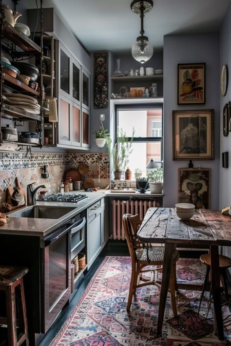 Boho Kitchen Apartment, Dark Boho Kitchen, Eccentric Interior Design, Eccentric Kitchen, Unique Decor Ideas, Boho Kitchen Ideas, Rainbow Kitchen, Dark Boho, French Life