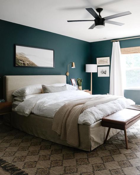 Bedroom Inspiration to Copy in Your Own Space | The Everygirl Beige Headboard Dark Wall, Cream Bed Dark Wall, Teal Primary Bedroom, Primary Bedroom Paint Ideas, Primary Bedroom Trends 2023, Beige And Dark Green Bedroom, Primary Bedroom Art, Headboard Art Above Bed, Dark Green Primary Bedroom