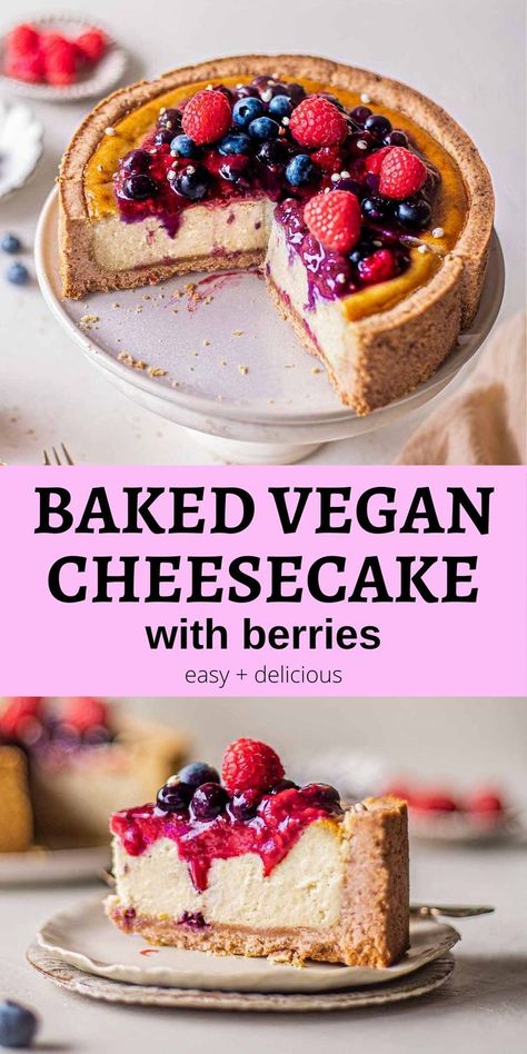 Baked Vegan Cheesecake with Berries Vegan Baked Cheesecake, Vegan Fruitcake, Cheesecake With Berries, Vegan Puddings, Deserturi Raw Vegan, Vegan Cheesecake Recipe, Patisserie Sans Gluten, Baked Cheesecake, Vegan Baking Recipes