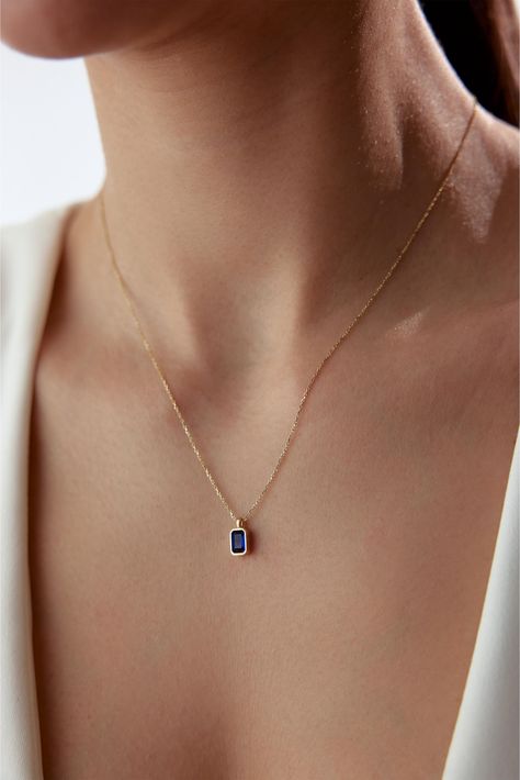 14K Solid Gold Minimalist Sapphire September Birthstone Rectangle Necklace, Sapphire Pendant, Sapphire Baguette Necklace, Birthstone Jewelry Our product weighs 1.74 gr and the chain length is 46 cm. There may be +/- 0.15 change in gram information due to production. Your products will be shipped with free shipping UPS express within 1-3 business days. Quality control has been done. Our products are Anti Allergic. Your orders are shipped with a gift package. This special gift box is specially des Minimal Jewelry Necklace, Sapphire Necklace Gold, Sapphire Pendant Necklace, Necklace Sapphire, Gold Minimalist Jewelry, Bridal Necklace Designs, Baguette Necklace, Rectangle Necklace, Sapphire Necklace Pendants